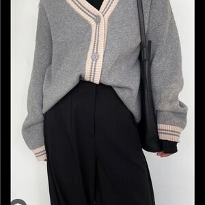 OAK + FORT Gray and Cream Cardigan with Ribbed Trim